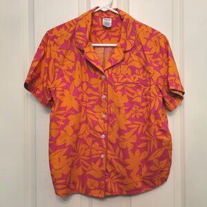 Lands End Orange and Pink Floral Short Sleeve Shirt - (runs large)